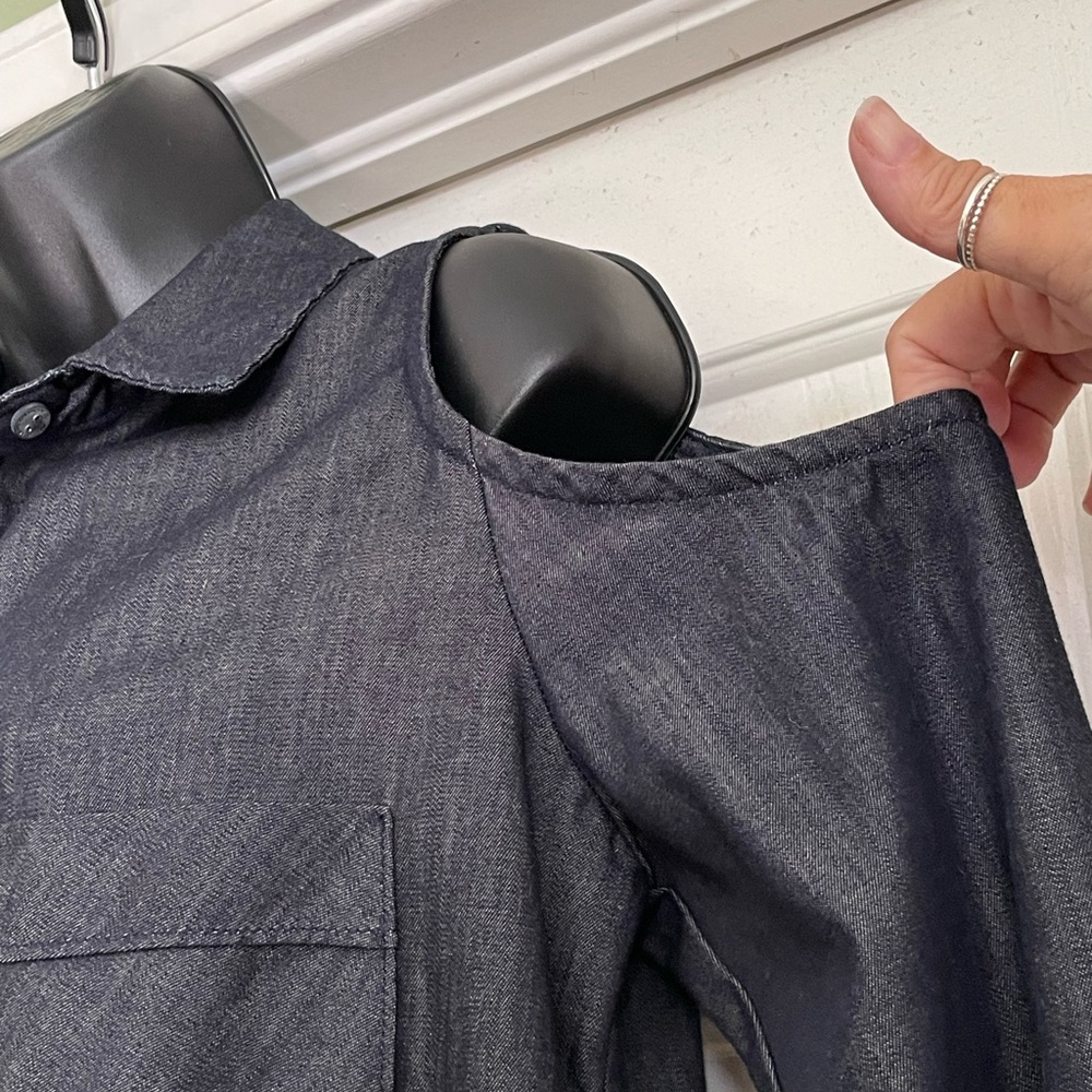 Dark Denim Stretch Button Down Tailored Shirt - image 3